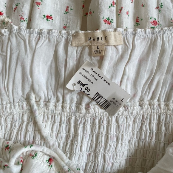 Mable New White Floral Romantic Smocked Ruched Mini Dress Size Large NWT - Picture 9 of 13
